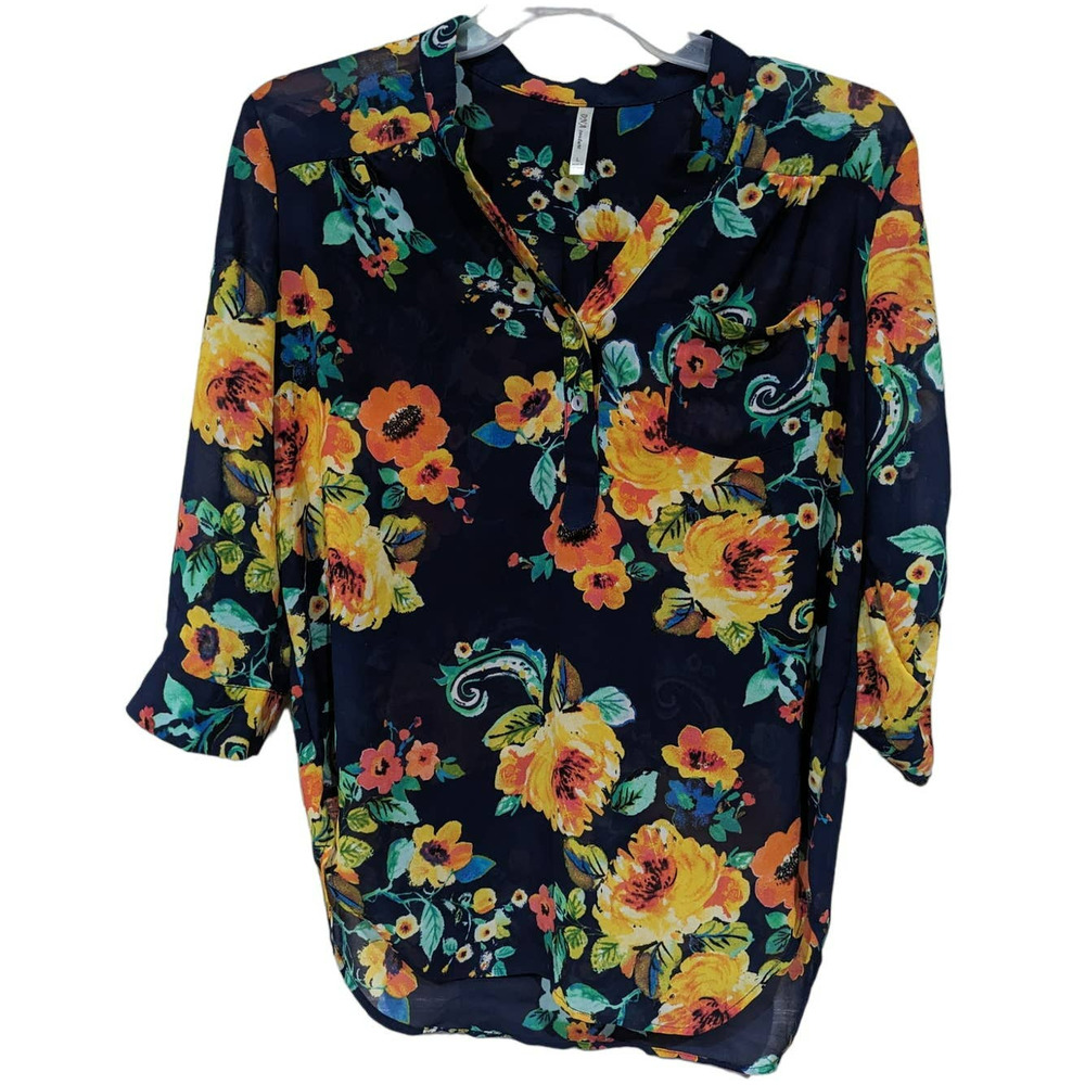DNA Couture Blue Sunflower Print Hi Low Floral Long Sleeve Tunic sz Large